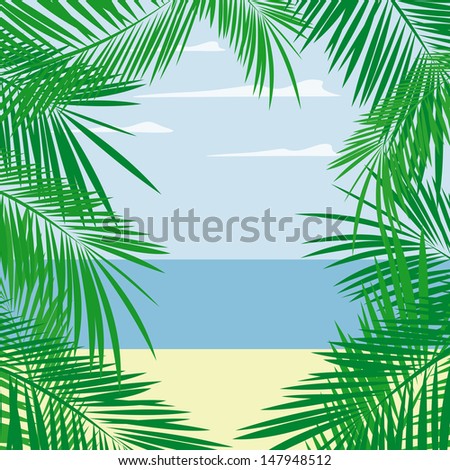 palm tree leaves framing beach and sea landscape, vector format very easy to edit, individual objects