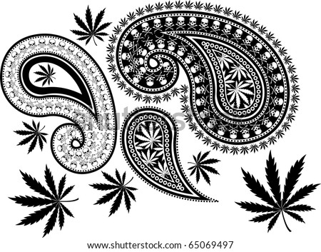 stock vector cool paisley design with cross bones skull and cannabis 