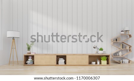 Cabinet TV in modern living room with decoration on wooden white wall background,3d rendering