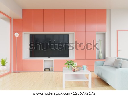 TV on stand in modern living room with sofa,table,flower and plant on wooden living coral colorvwall background.  living coral color of the Year 2019 ,3d rendering.