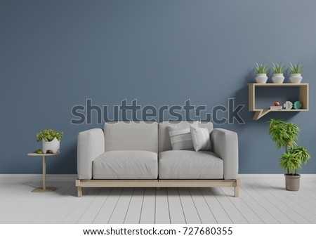 Living room with sofa, small shelf and plants, 3D rendering