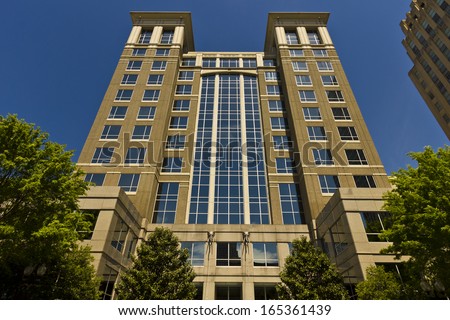 WINSTON-SALEM, NC, USA MAY 9: One West Fourth Street on 4th and Main streets on May 9, 2013. The building, built in 2002, is 211 feet tall and has 15 floors.