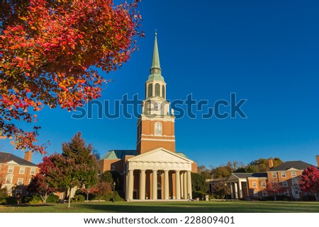 WINSTON-SALEM, NC, USA - NOVEMBER 7: Wait Chapel, built in 1956, and Hearn Plaza at Wake Forest University on November 7, 2014 in Winston-Salem, NC, USA