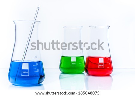 Set of conical temperature resistant flasks with color liquid