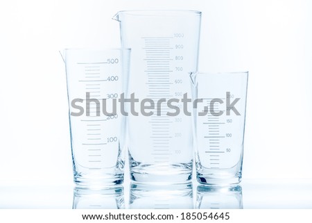 Set of three empty temperature resistant conical beakers of different capacity for measurements