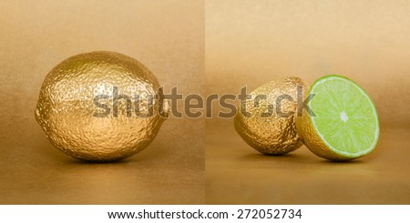 Whole and opened lime with golden peel on gold background