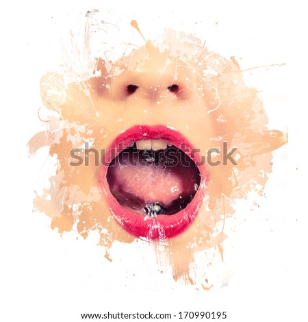 Open Mouth Screaming. Paint Splatter Over Woman Mouth Wearing Red Lipstick