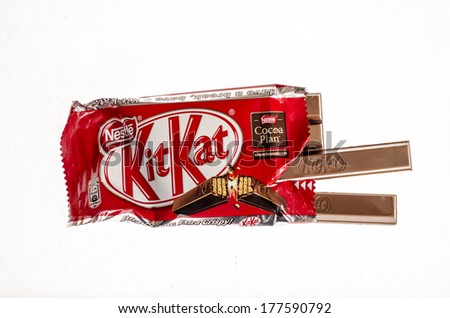 VARNA, BULGARIA - FEBRUARY 19, 2014: Opened Kit Kat chocolate bar. Kit Kat is a chocolate biscuit bar confection that is manufactured by Nestle