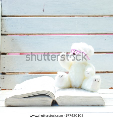 White bear doll with eyeglasses sit on book