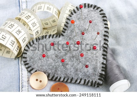 Heart shaped pincushion and tailor accessories