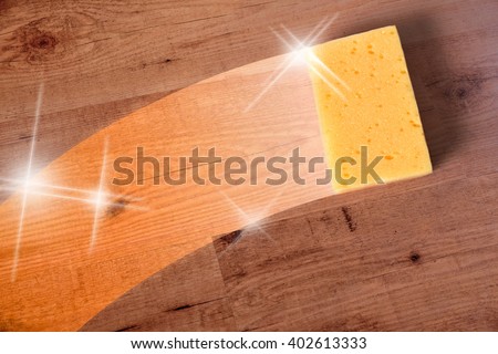 Cleaning wooden parquet concept with trace yellow sponge. Horizontal composition.