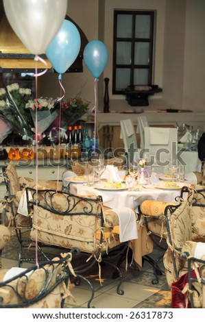 stock photo Wedding banquet table with white decoration in fine restaurant