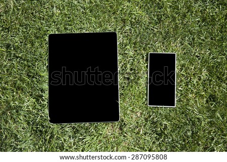 vertical digital tablet and mobile phone smartphone blank black screen on green grass lawn in park