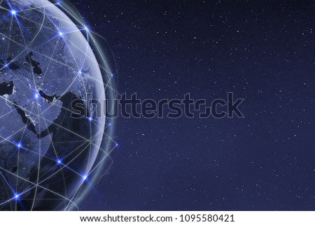 Global communication technology and telecommunication financial network around planet Earth. Blockchain and cryptocurrency concept with copyspace. IOT. Elements of this photo furnished by NASA.