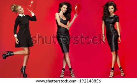 Three beautiful fashionable elegant woman posing over red background.