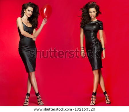 Three beautiful fashionable elegant woman posing over red background.