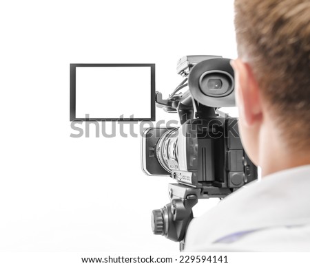 Video camera operator isolated on white background. Focus on screen.