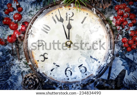 Christmas Eve and New Years at midnight. Clock covered with snow.