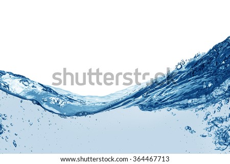 Water splash and air bubbles over white background