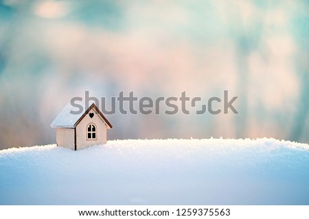 house in snow. Wooden decorative toy house standing in winter on white snow background. Concept of winter, Christmas and new year, warm, cozy, loving, protecting.