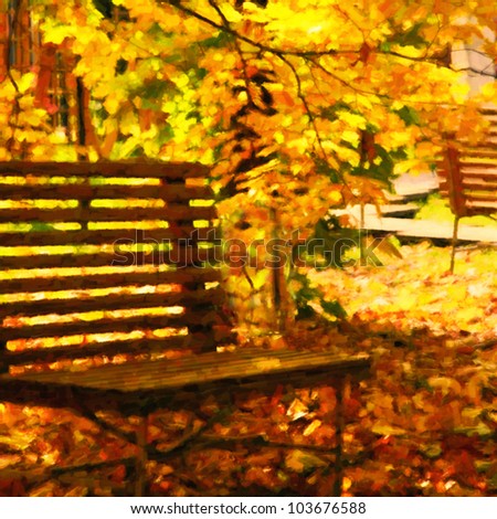 autumn bench in red and yellow autumn leaves of park drawing imitation by watercolor paints