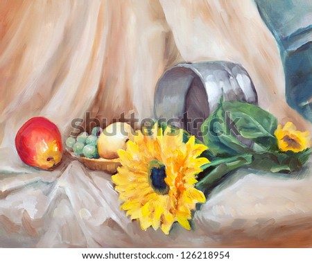 sunflower still life with a bright yellow flower buds yellow and red green grapes and metal sieve on the brown cloth painted with oil paints on canvas