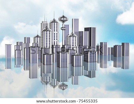 City of the future with high-rise buildings and skyscrapers with reflection against the cloudy high sky