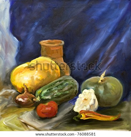 Painting a pattern drawn by oil color on a canvas a ceramic jug on a green fabric with Vegetables a vegetable marrow, pepper, pumpkin, a tomato and an onions on a dark blue background