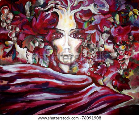 Beautiful face of the girl in grapevines and leaves against a fabric fluttering on a wind Painting a pattern drawn by oil color on a canvas