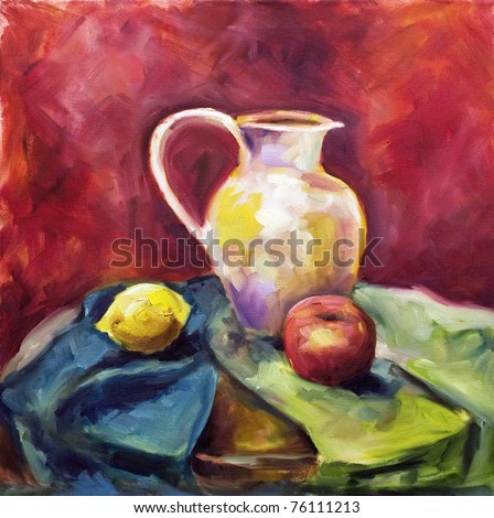 Painting a pattern drawn by oil color on a canvas a beige jug on a green fabric with a red apple and a lemon on a dark red background