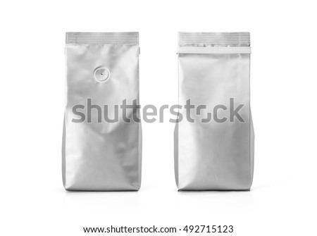 Foil plastic paper bag front and back view isolated on white background. Packaging template mockup collection. With clipping Path included. Aluminium coffee package.