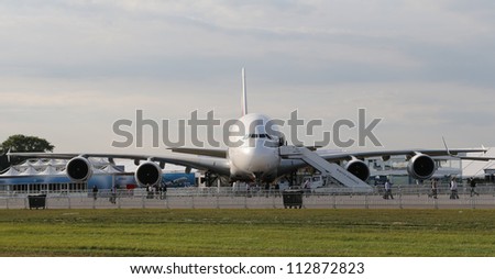 BERLIN - SEP 11: Emirates Airbus A380 800 shown at ILA Berlin Air Show 2012 on September 11, 2012, Berlin, Germany.