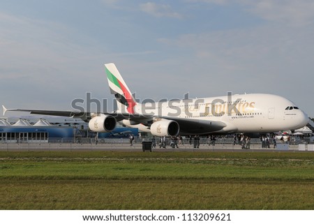 BERLIN - SEP 11: Emirates Airbus A380 800 shown at ILA Berlin Air Show 2012 on September 11, 2012, Berlin, Germany.