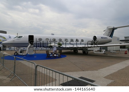 PARIS - JUN 17: Private jet Gulfstream G650 shown at 50th Paris Air Show on June 17, 2013, Paris, France.