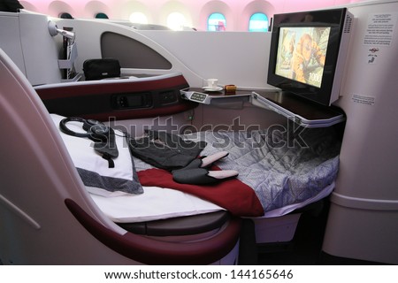 Paris - Jun 17: Business Class Bed Of Qatar Airways Boeing 787 Dreamliner Shown At 50th Paris Air Show On June 17, 2013, Paris, France.