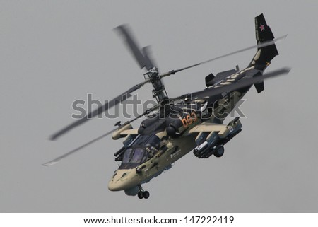 PARIS - JUN 17: Kamov Ka-52 Hokum B attack helicopter shown at 50th Paris Air Show on June 17, 2013, Paris, France.