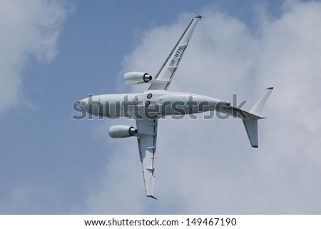 PARIS - JUN 17: Antonov An-70 military transport plane plane shown at 50th Paris Air Show on June 17, 2013, Paris, France.