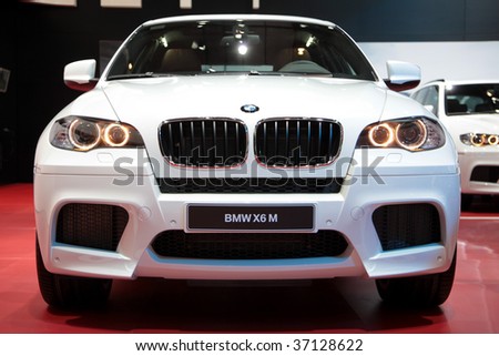 stock photo FRANKFURT SEP 15 White BMW X6 M in front view on
