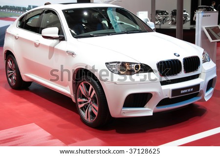 stock photo FRANKFURT SEP 15 White BMW X6 M in side view on