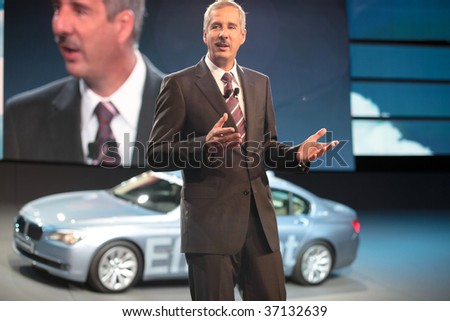 FRANKFURT - SEP 15: BMW development head Klaus Draeger with new 7er BMW talking about ecology during a press conference on 63rd IAA (Internationale Automobil Ausstellung) on September 15, 2009 in Frankfurt, Germany.