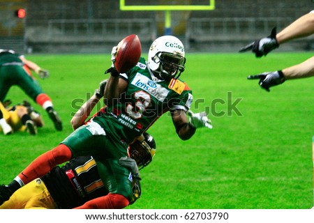FRANKFURT - OCTOBER 09: Wide Receiver Damien Linson of Kiel Baltic Hurricanes saves the next points for the team during the German Bowl XXXII October 09, 2010 in Frankfurt, Germany.