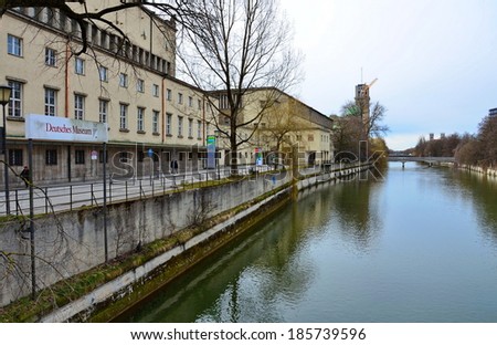 MUNICH, GERMANY - MARCH 20, 2013: The Isar River and Deutsches Museum (Science Museum), Munich, Germany