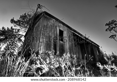 Creative Black and White B&W Light painting of an abandoned wooden cabin in rural Israel with blue hour sky - wide angle view