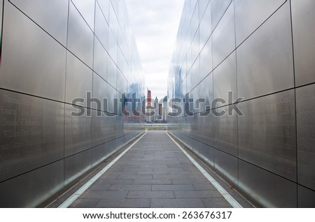 NEW YORK - MARCH 15, 2015: New York City sky line through the Empty Sky: New Jersey September 11 Memorial with the  missing World Trade Center Twin Towers