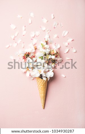 Flat-lay of waffle sweet cone with white almond blossom flowers over pastel light pink background, top view. Spring or summer mood concept