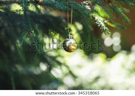 Christmas golden toy ball hanging on a branch of a fur-tree, selective focus