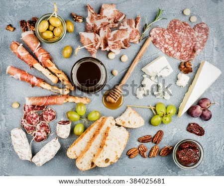 Cheese and meat appetizer selection or wine snack set. Variety of  cheese, salami, prosciutto, bread sticks, baguette, honey, grapes, olives, sun-dried tomatoes and pecan nuts over grey backdrop