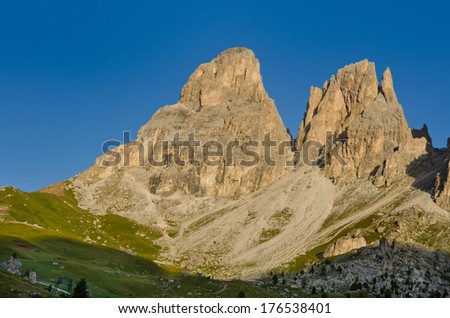 Sassolungo mountain group with Sassolungo, Cinquedita and Sasso Levante peaks, as seen from Rifugio Passo Sella, Dolomites, South Tyrol, Italy