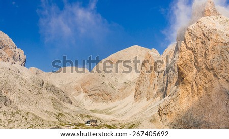 Antermoia, a Hut in Catinnacio mountain group, Dolomites, Trentino, Alto-Adige, South Tirol, Italy