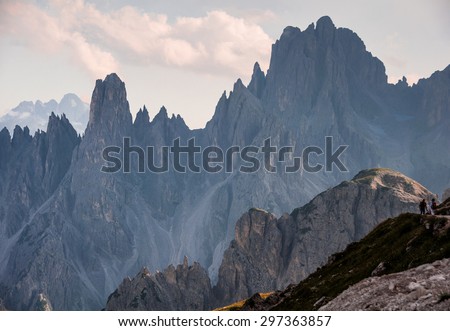 Cadini mountain group with Cima Cadin di NE, Cima Cadin di San Lucano, Cima di Croda Liscia and Torre Siorpaes  as seen from Rifugio Lavaredo, Sesto Dolomites, South Tirol, Italy